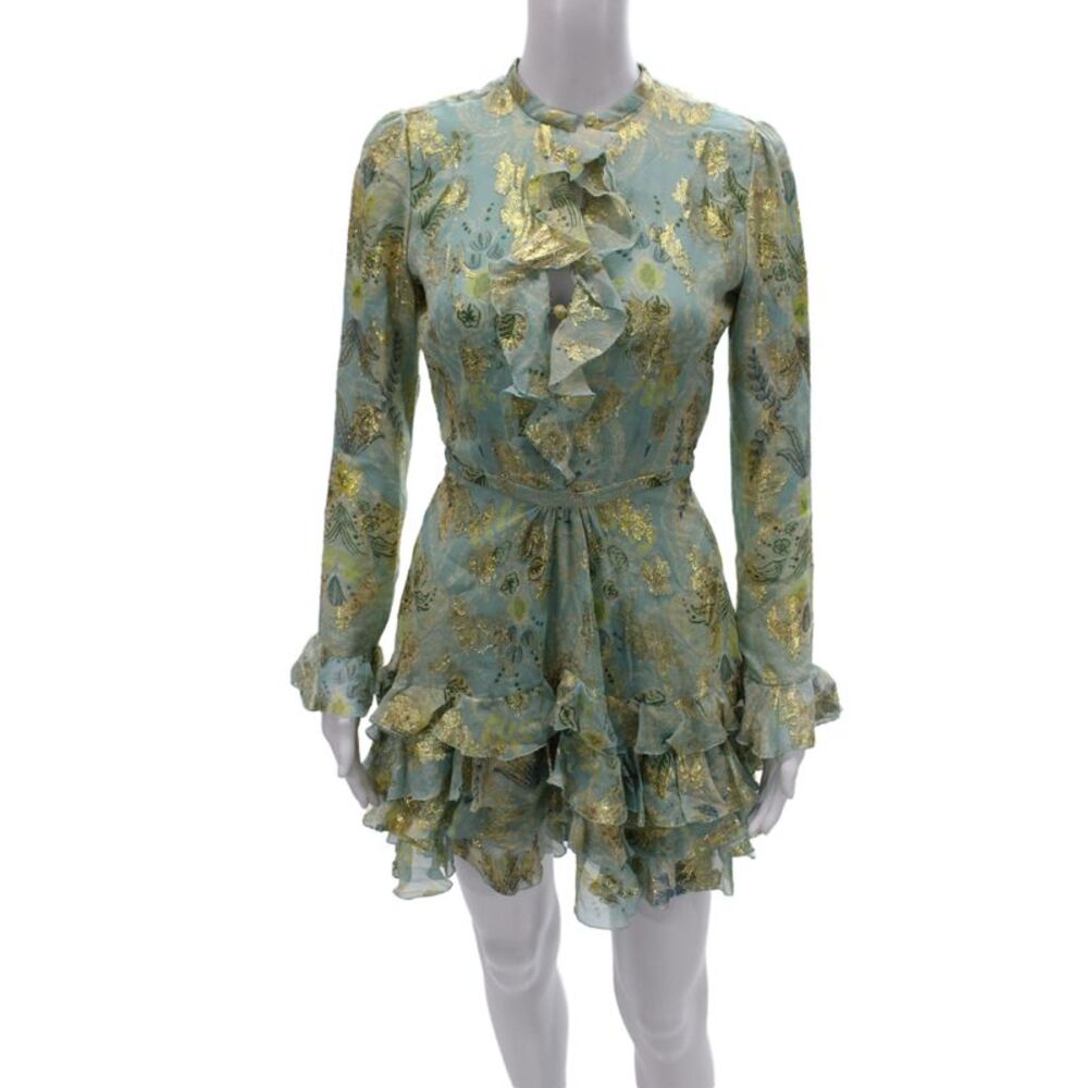 Etro Women Fit & Flare Mini Silk Floral Dress Long Sleeve High Neck Size 38